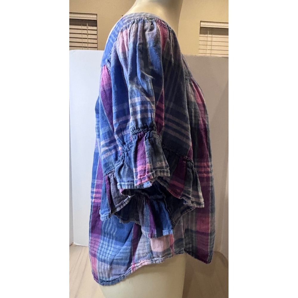 Beach Lunch Lounge Blue Purple Plaid Linen Cotton Square Neck Ruffle Top Large - Picture 3 of 13